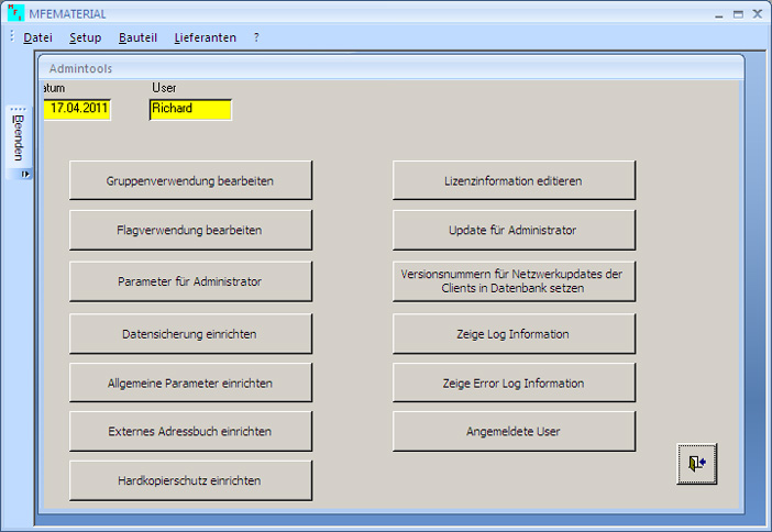 Software für Materialverwaltung, Bauteilverwaltung, Warenwirtschaft, Materialwirtschaft, Administratortools